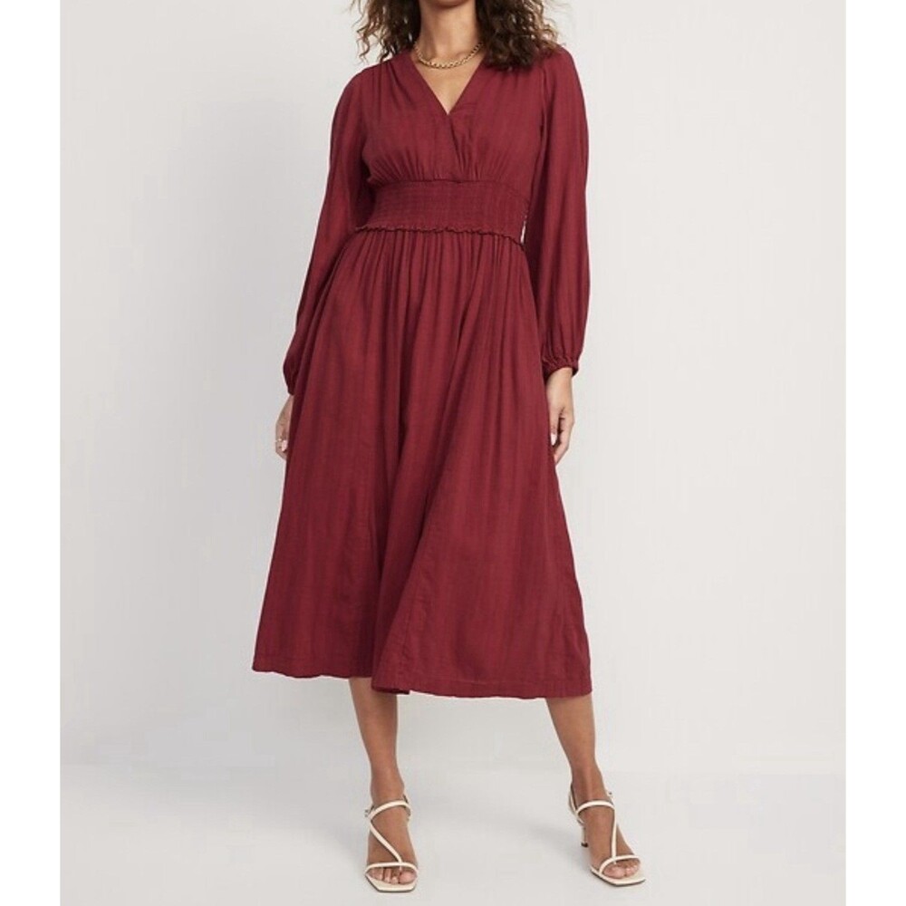 Old Navy Waist Defined Puff Sleeves Smocked Midi Dress Size 2XL V6213